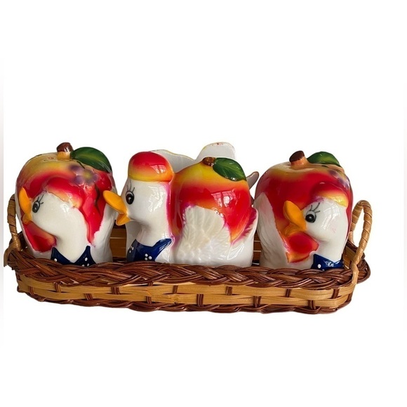 Other - Vintage Duck Salt and Pepper Shakers w/Napkin Holder Apple Set w/Wicker Basket